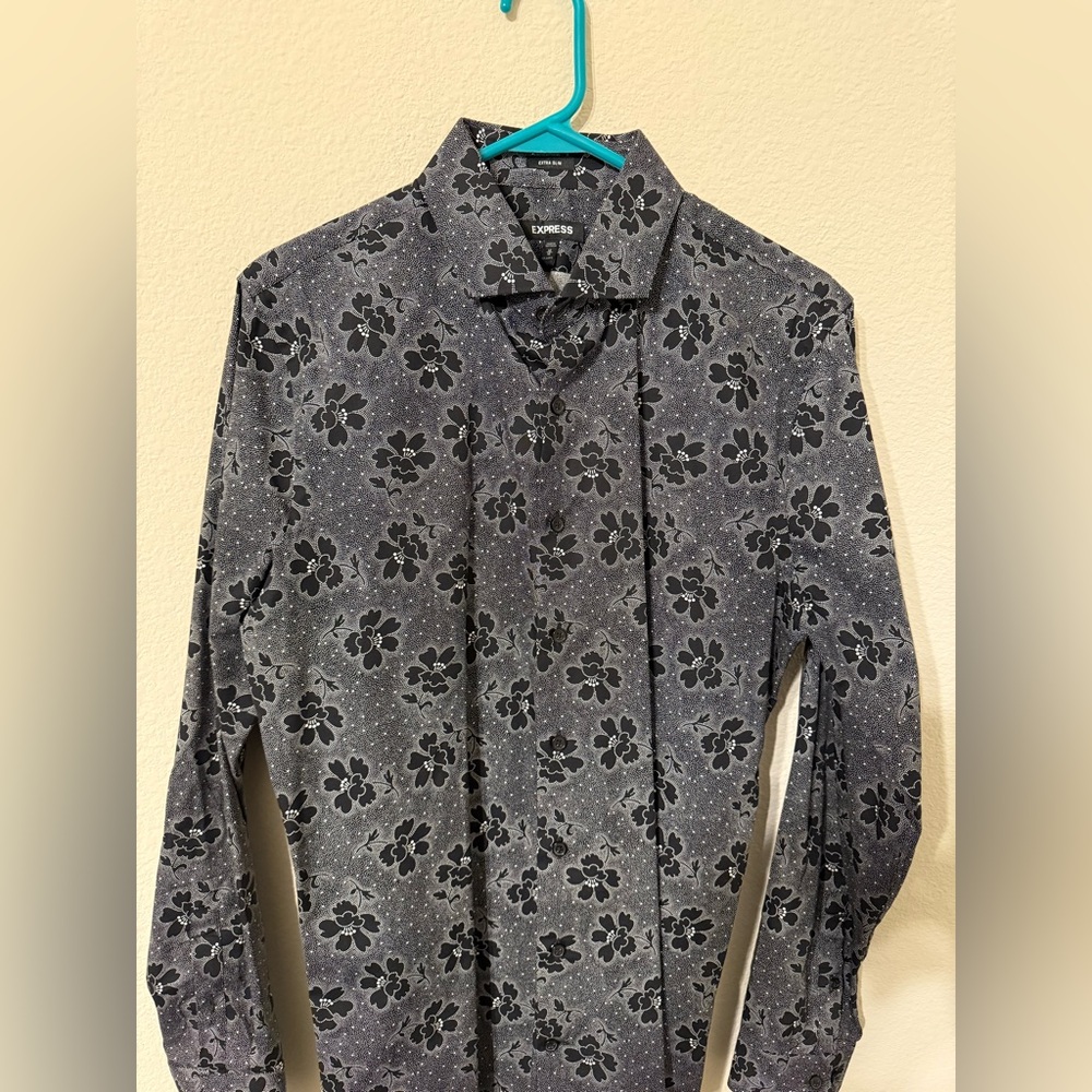 Express Extra Slim Black white Floral Dress Shirt - Picture 2 of 4
